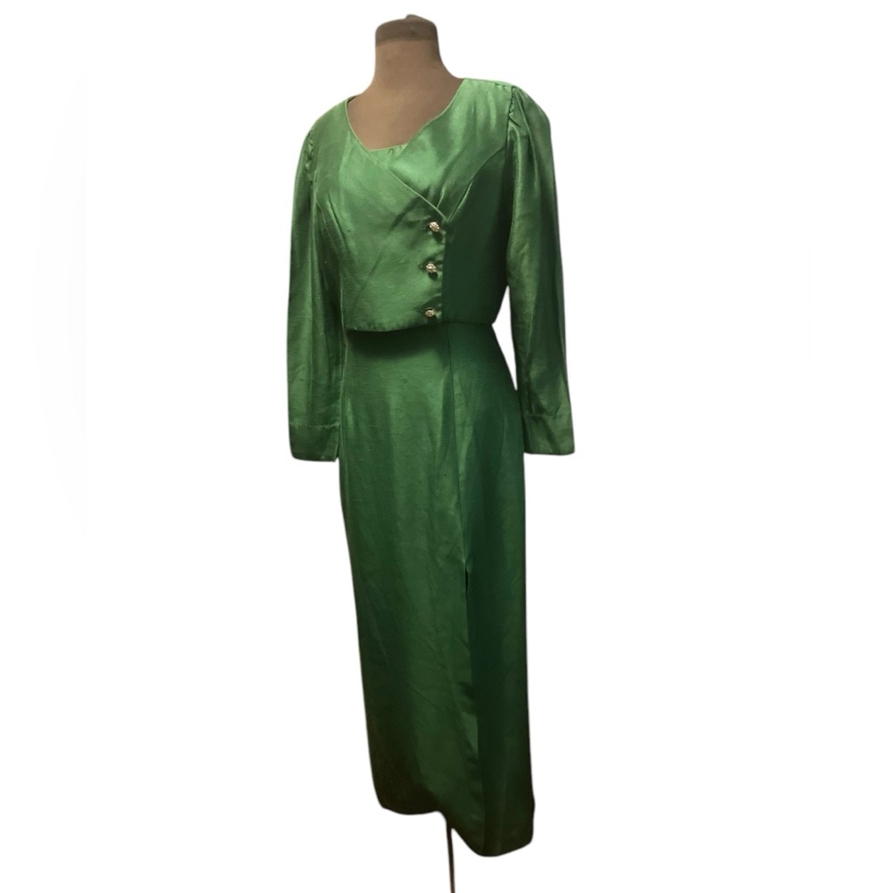 Vtg Jordan Emerald Green Two-Piece Maxi Dress Set Cropped Jacket Size S Ladylike